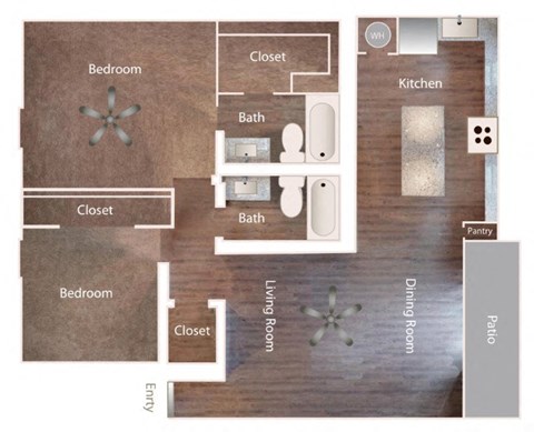 A floor plan of a house with two bedrooms, a living room, a dining room, a kitchen, a pantry, and a patio.